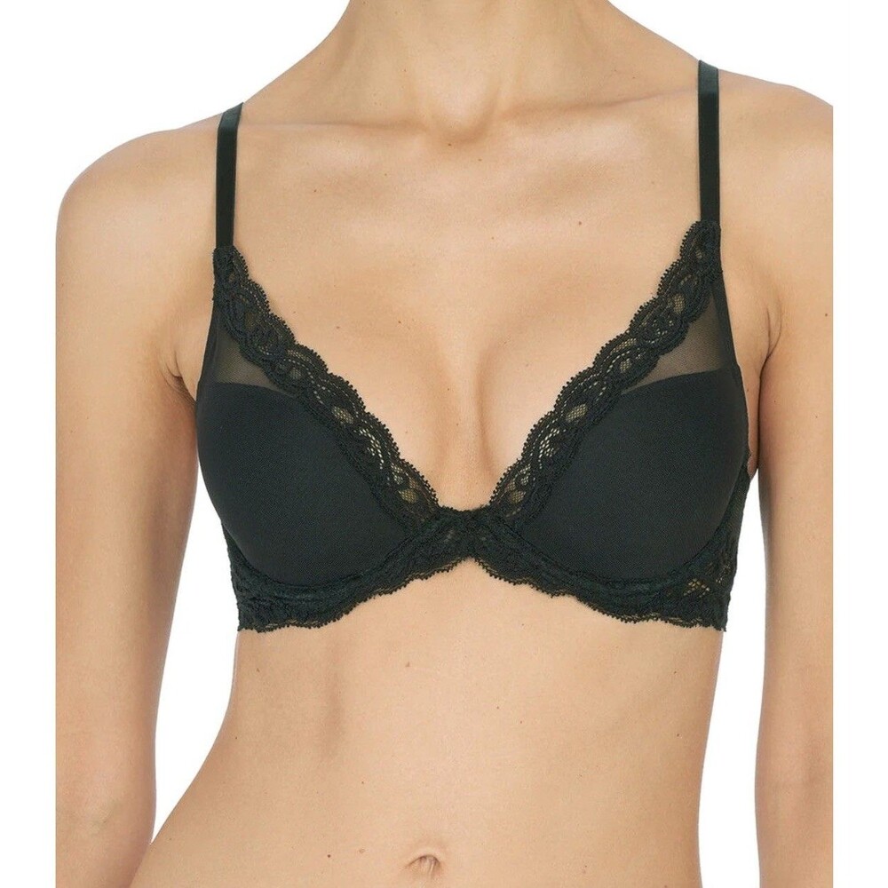 Natori 730023 Feathers Underwire Lace Deep Plunge Contour Bra COAL size 32 DDD/F